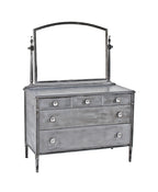 hard to find unusually large late 1940's american industrial refinished "simmons" lowboy dresser cabinet with original oversized swivel mirror