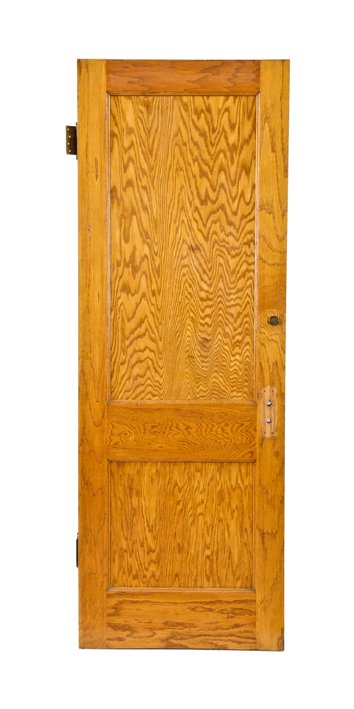 finely crafted early 20th century american varnished white oak wood two panel interior residential door with cast brass privacy bolt