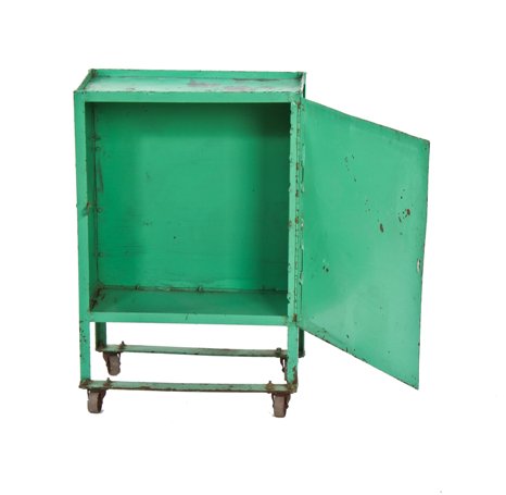 c. 1930's vintage american industrial "factory green" enameled riveted joint steel multi-purpose cabinet with modified mobile base