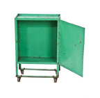 c. 1930's vintage american industrial "factory green" enameled riveted joint steel multi-purpose cabinet with modified mobile base