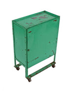 c. 1930's vintage american industrial "factory green" enameled riveted joint steel multi-purpose cabinet with modified mobile base