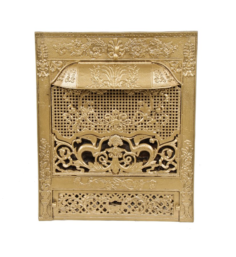 all original and largely intact late 19th century american victorian era metallic gold enameled ornamental cast iron fireplace gas insert or grate