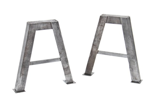 matching set of original c. 1930's american industrial heavy gauge all-welded joint factory a-frame table bases with square-shaped floor plates