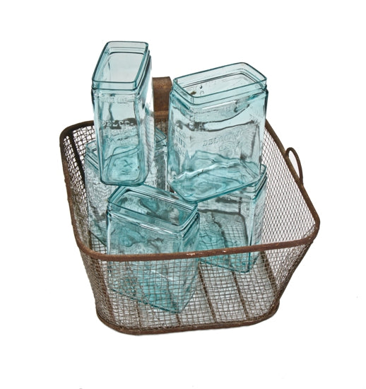 five matching original and remarkably intact early 1920's american industrial exide farm lighting battery "power plant" aqua glass open-ended jars with embossed lettering