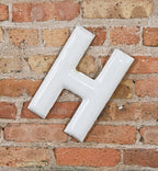 single late 1930's vintage american industrial white porcelain enameled rolled iron exterior service station letter sign with intact hangers