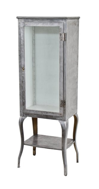 original c. 1911-14 american vintage medical freestanding cold-rolled steel hospital operating room supply cabinet with intact adjustable plate glass shelves