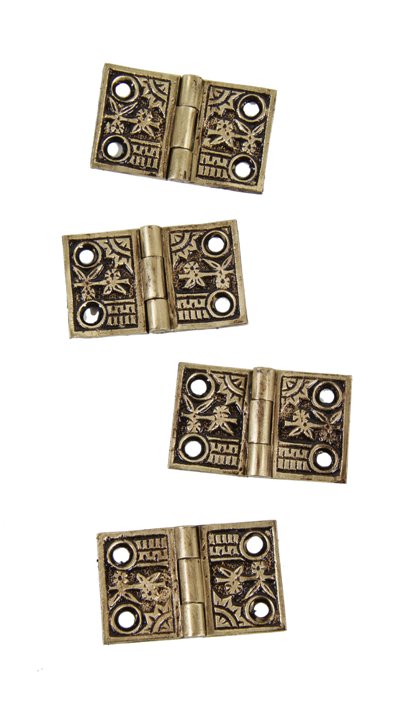 four matching c. 1880's original antique american ornamental cast brass "oriental" pattern residential shutter door hinges with dark enameled inlay
