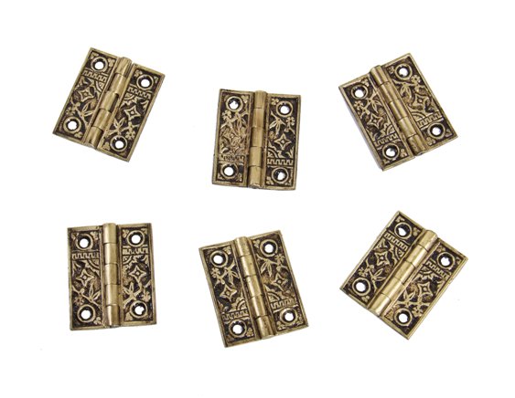 original interior residential american eastlake style "bamboo" pattern ornamental cast brass shutter door butt hinges with enameled inlay