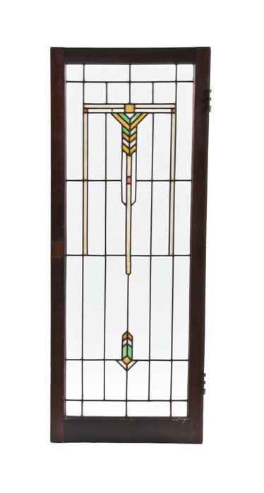 all original 20th century american prairie school interior residential leaded art glass cabinet door or window salvaged from a chicago bungalow