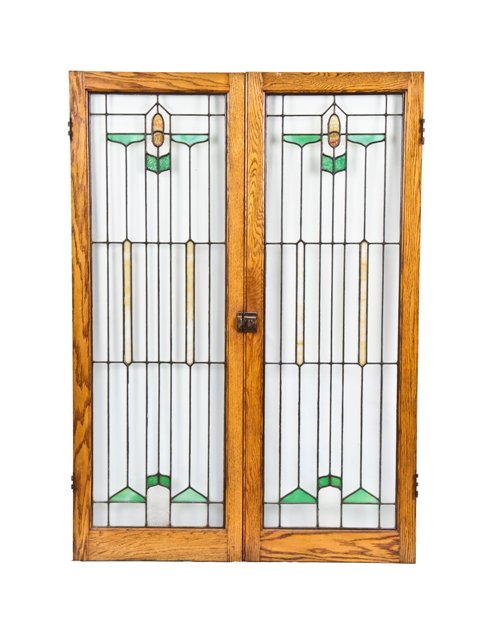 pair of distinctive early 20th century american prairie school interior residential chicago bungalow bookcase leaded glass cabinet doors with varnished oak frames