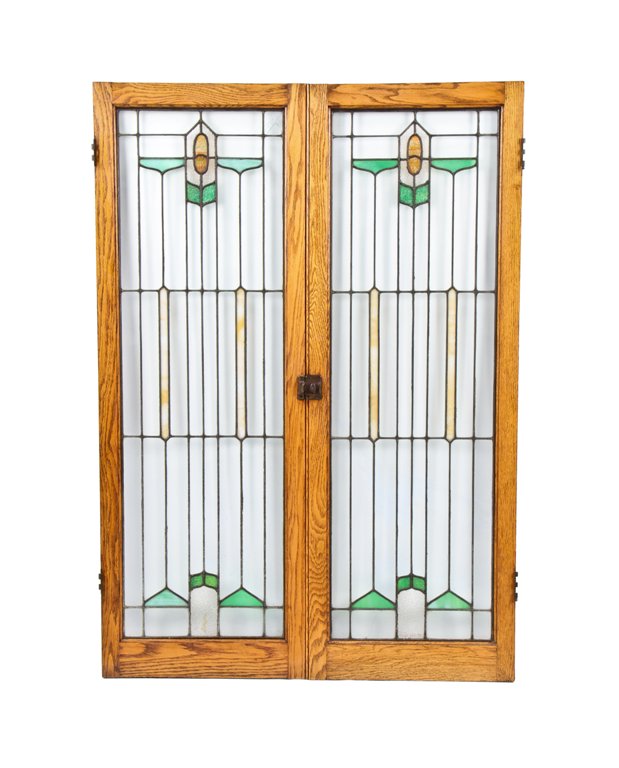 matching set of c. 1915-18 american arts & crafts or craftsman style residential bookcase cabinet art glass windows featuring well-proportioned rectilinear construction