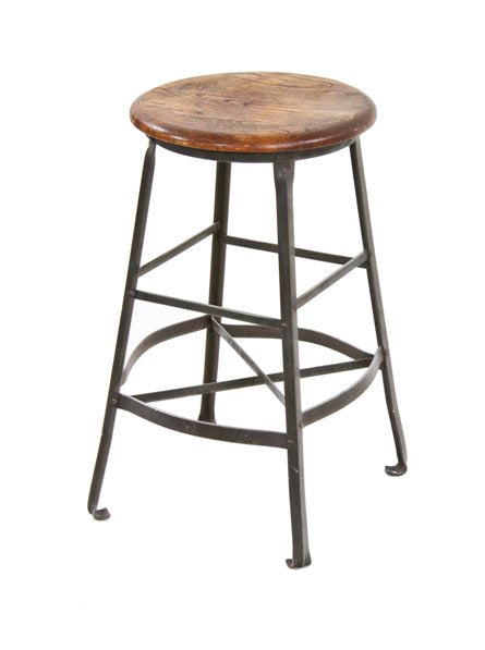 heavily reinforced late 1920's american industrial riveted joint green enameled steel four-legged parisian novelty factory stool with original oak wood seat