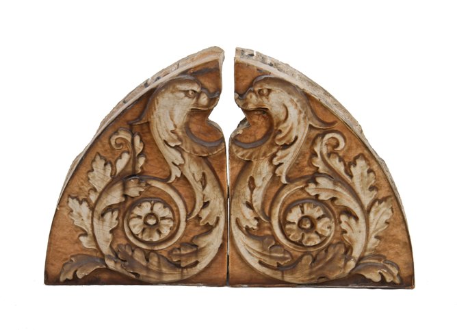 c. 1920's original american exterior polychrome enameled glazed terra cotta two-piece lunette featuring mythical creatures with foliated scrollwork