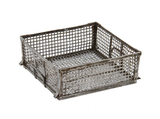 very durable c. 1930's american industrial reinforced brushed steel mesh stackable basket with rigid frame and opposed handles