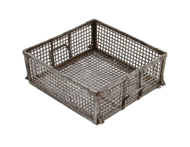 refinished c. 1930's vintage american industrial heavy duty steel mesh single compartment stackable basket with welded joint opposed handles