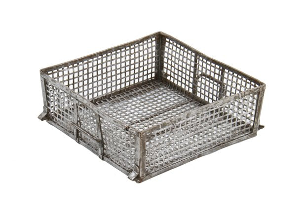 reinforced c. 1930's american industrial brushed metal oversized stackable factory basket with two welded joint bent steel rod handles