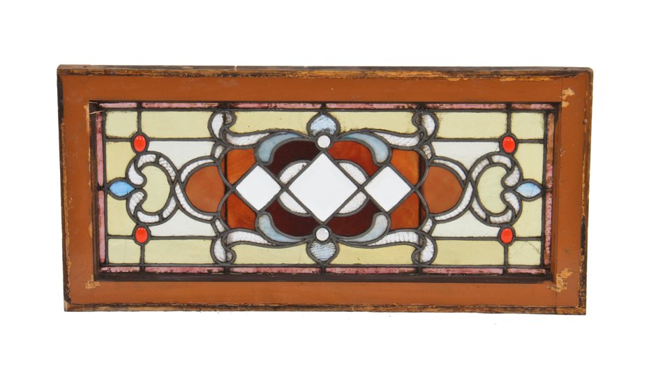 late 1880's intricately designed american victorian era interior residential stained glass transom window with centrally located clear bevel diamonds