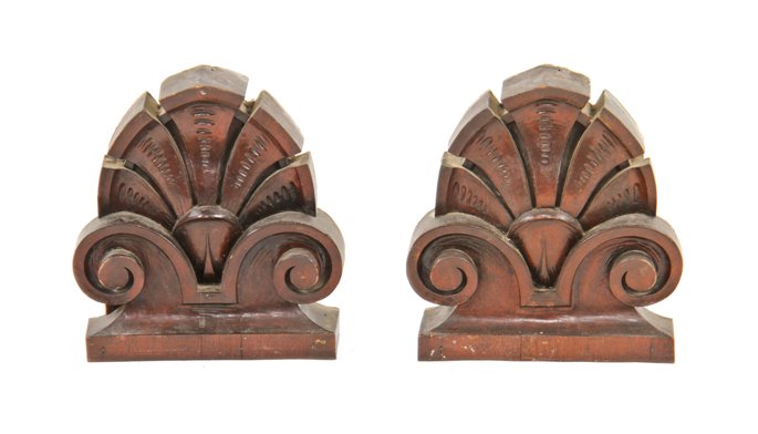 matching set of highly detailed american early 20th century darkly varnished mahogany wood interior residential pilaster palmette endcaps