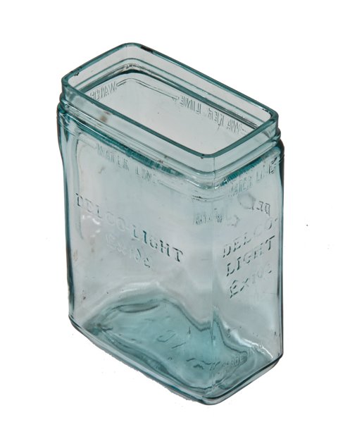 original c. 1920's american industrial aqua blue "exide delco light" residential basement "power plant" battery cell jar with embossed lettering