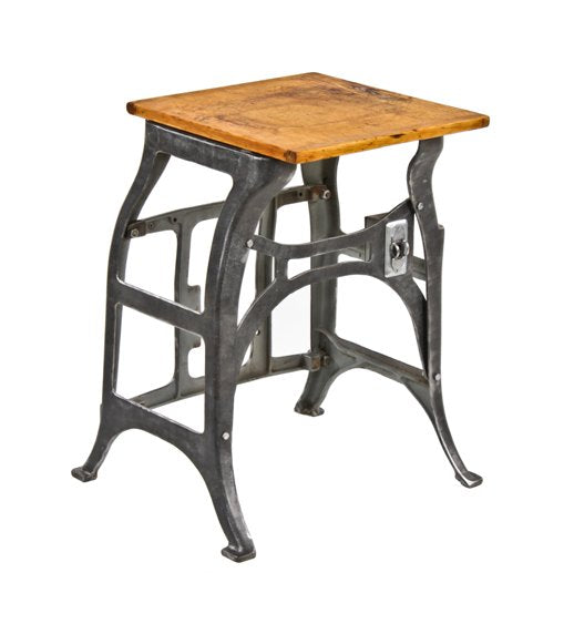 c. 1930's american industrial repurposed heavy duty office addressograph cast iron machine base with small weathered wood tabletop