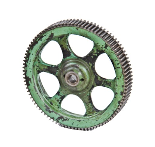 c. 1920's american industrial solid steel factory machine spur or straight-cut oversized gear with original nicely worn green enameled finish