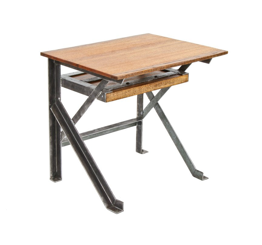 repurposed c. 1940's unusually shaped "k" leg angled heavy gauge steel stationary desk with newly added tabletop and bolted inset undershelf