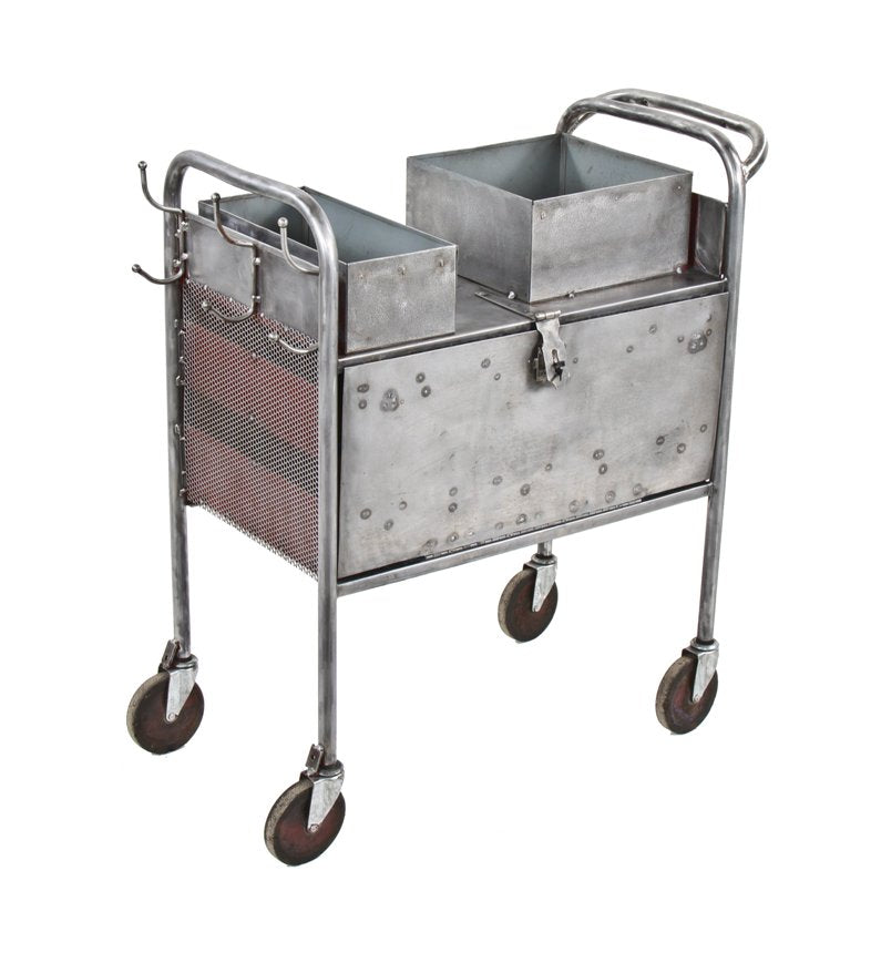 c. 1940's unusual vintage american industrial modified welded joint brushed steel mobile factory cart with bent tubular steel legs and swivel casters