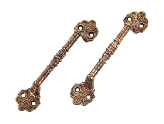 c. 1880's original american victorian era ornamental cast brass interior residential window sash pulls or lifts with detailed bellflower motif