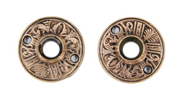 original antique american aesthetic style ornamental cast brass 19th century interior residential "egyptian" pattern doorknob rosettes