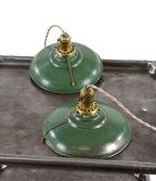 original late 1920's rewired american industrial cold-rolled folded and pressed steel factory interior drop lights with intact green enameled finish