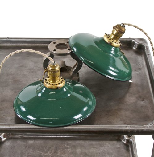 matching set of original c. 1920's chicago furniture factory green porcelain enameled pendant or drop lights with newly added braided lamp cord