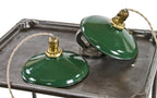 original late 1920's american industrial single light pendant fixtures with green porcelain enameled cold-rolled steel reflectors or shades