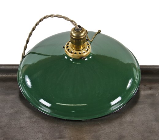 rewired late 1920's american industrial single electric drop or pendant light with intact green porcelain enameled "flat bowl" hubbell reflector