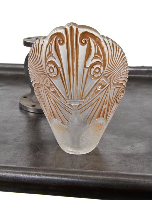 impressive c. 1930's american art deco style richly textured pressed glass interior residential replacement wall sconce slip shade with baked enameled inlay.