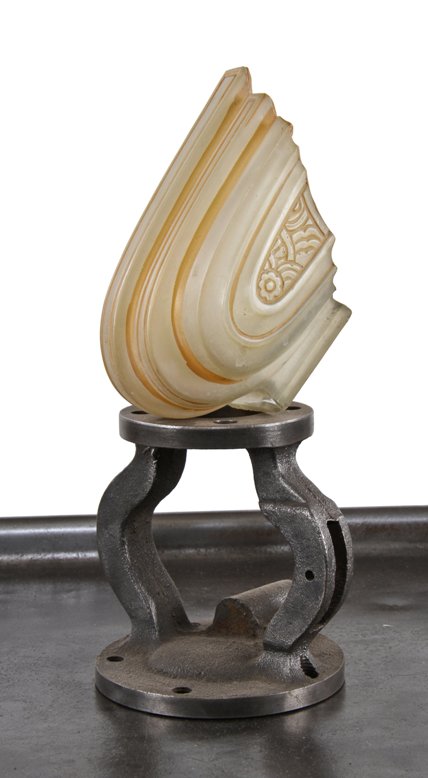 dazzling early 1930's american art deco streamlined style coral white satin pressed glass replacement slip shade with orange enameled accent