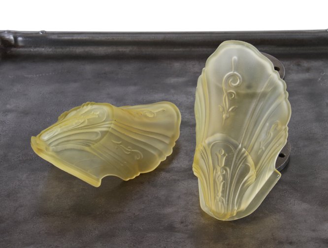 pair of matching c. 1930's american depression era art deco style residential light fixture pressed glass replacement slip shades