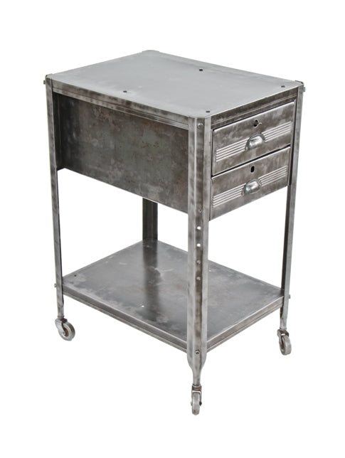 refinished late 1940's vintage american industrial heavy gauge steel mechanic mobile tool stand with interchangeable module containing two pull-out drawers