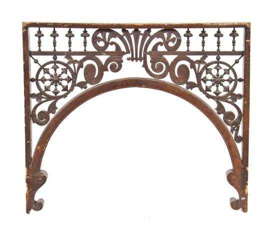 original and remarkably intact impressive late 19th century antique american victorian era salvaged chicago interior residential varnished oak wood ornamental grillework with arch top opening