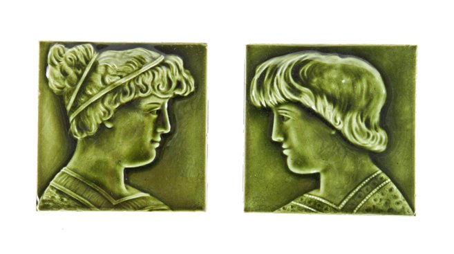 all original late 19th century american victorian era interior residential olive green majolica glazed fireplace portrait tile set with allover surface crazing