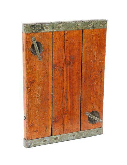 substantial c. 1940's american industrial old growth pine wood sea vessel deck hatch cover with deeply recessed "cup" handles