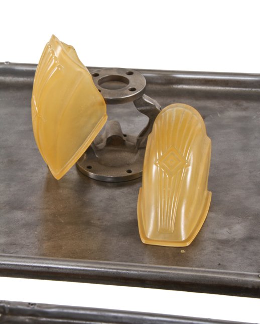 matching set of original c. 1930's american art deco style amber colored pressed glass residential ceiling fixture replacement slip shades with centrally located diamond motif