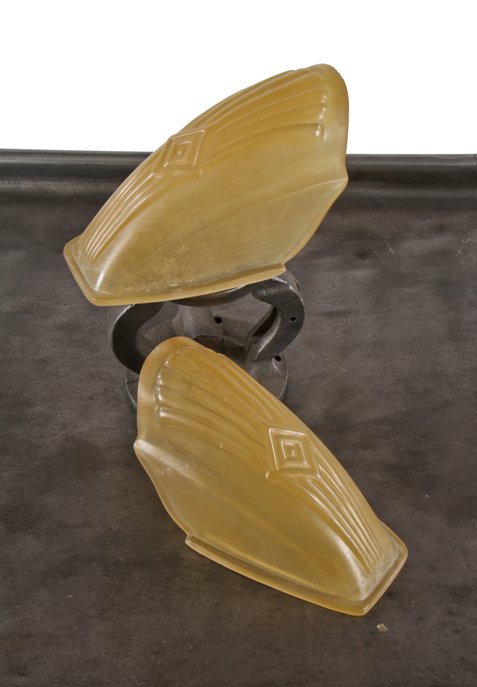 two matching c. 1930's american art deco interior residential amber-colored fluted pressed glass replacement ceiling fixture slip shades
