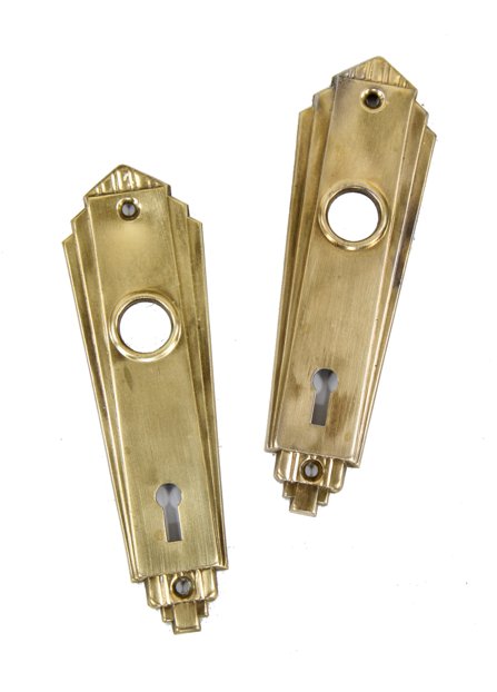 matching set of original american machine age stamped yellow brass metal interior residential passage door backplates