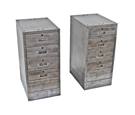 set of late 1940's american vintage industrial heavy gauge brushed steel mutli-drawer factory machine shop cabinets with deeply recessed handles