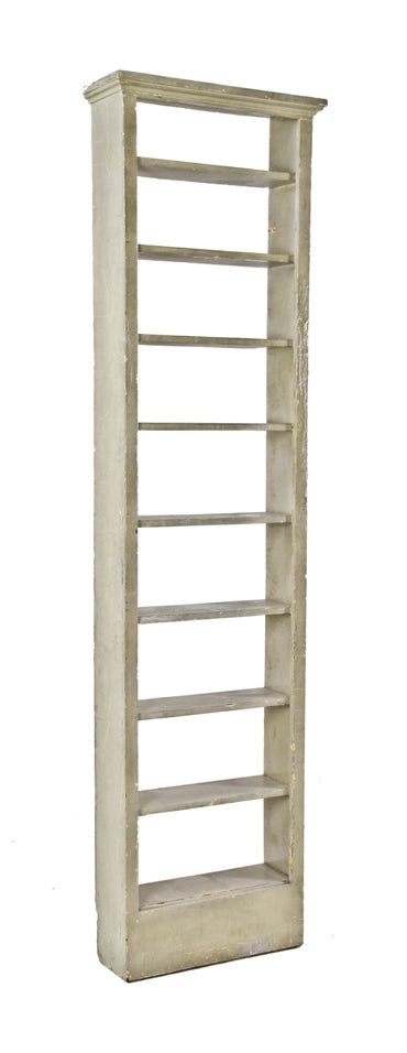 original and intact towering late 19th century american interior residential wall-mount painted pine wood chimney bookshelf with crown molding