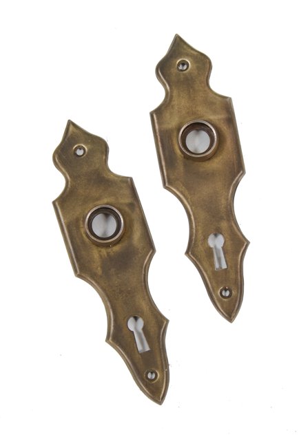 original c. 1920's american craftsman style interior residential stamped steel passage door backplates with brushed brass finish