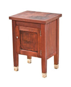 original solidly built c. 1920's american industrial mahogany wood factory office storage cabinet with single swing-out door and bronze "shoes"