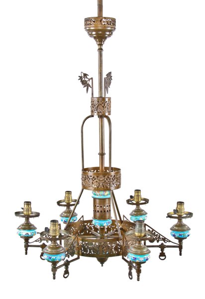 rare c. 1880's american aesthetic movement interior residential converted david c. cook mansion 6-arm gasolier with intact lowery glazed ceramic pottery