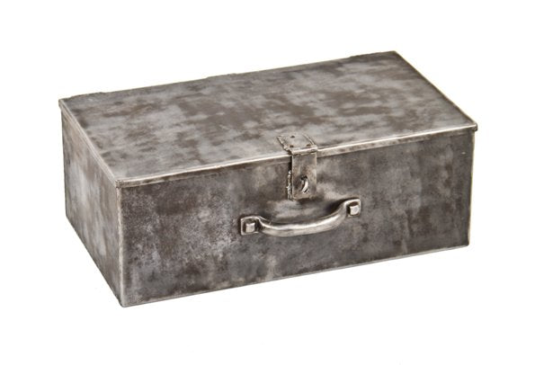 depression era reinforced american custom-built brushed welded joint steel lockable single compartment strong box with stationary handle