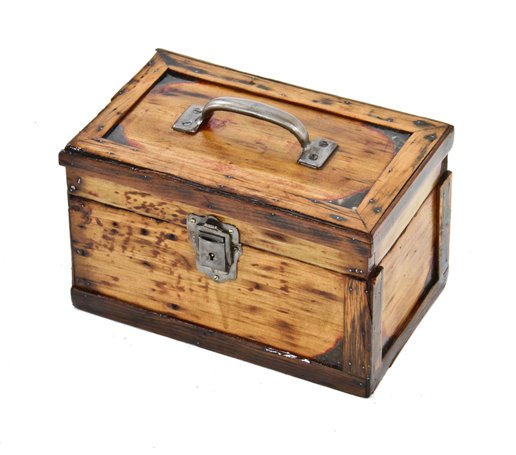 c. 1920's vintage american industrial diminutive weathered and worn pine wood portable "small parts" chest with pressed steel handle and lockable hasp